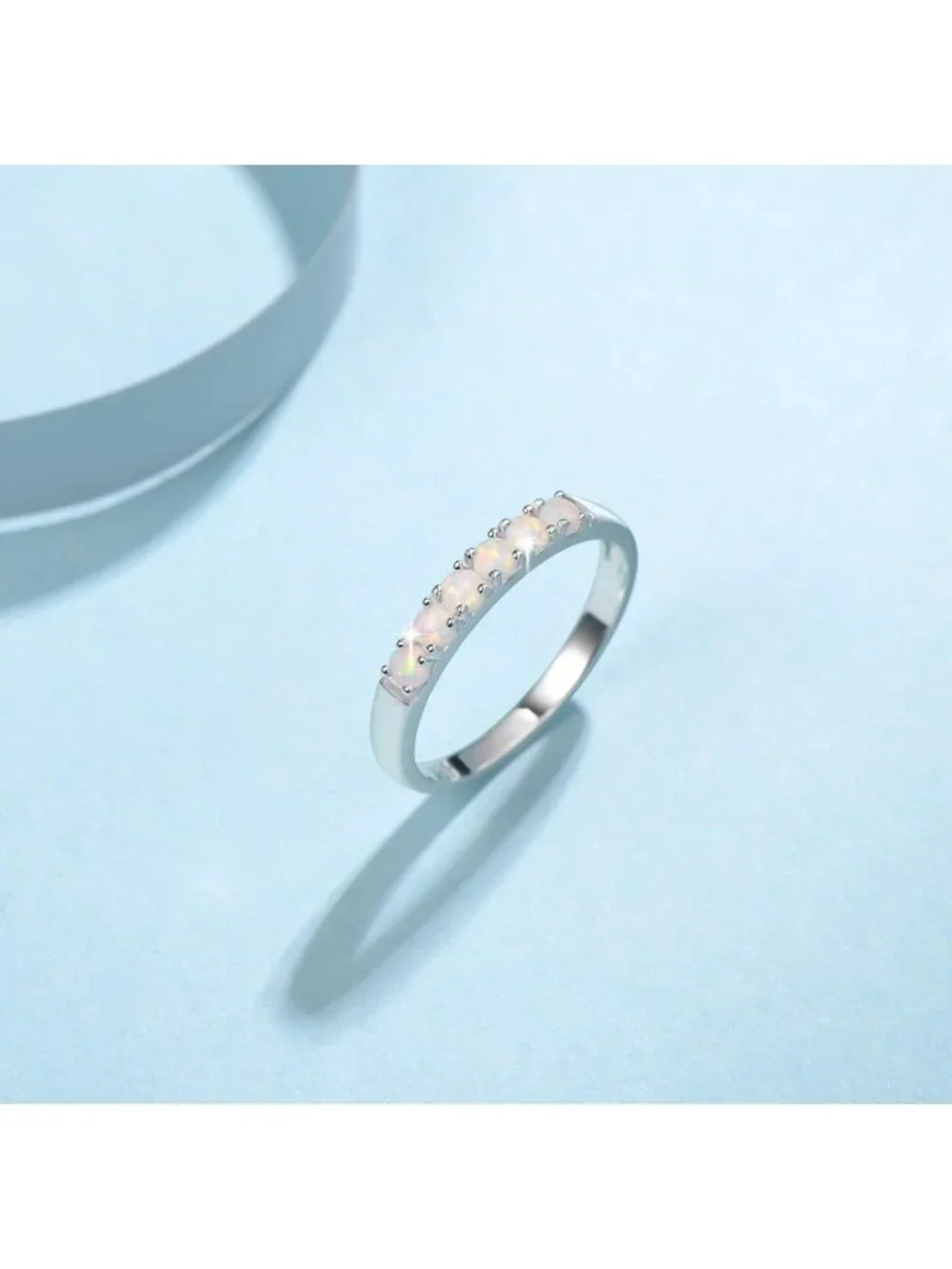 Stunning Opal Ring in Sterling Silver | 6 Stone Engagement & Eternity Band, Size